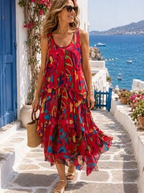 Elena Wang Red Abstract Midi Dress Layered Hem Sleeveless Size L Made in Canada